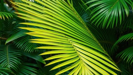 Close up of a palm leaf texture in natural tropical green hues, plant, lush, tropical