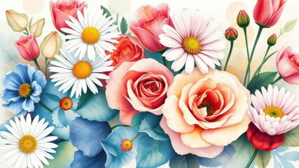 Colorful watercolor illustration of various flowers including roses, tulips, and daisies, painting, watercolor, daisies