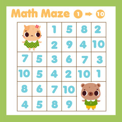 Educational children game. Mathematics maze. Labyrinth with numbers from one to ten. Animals theme Activity for kids