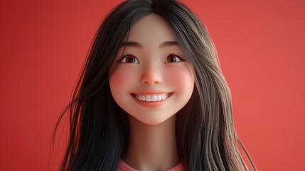 Obraz premium Portrait of a joyful young Asian female model with long hair dressed in casual summer attire radiating happiness in a studio setting against a white background