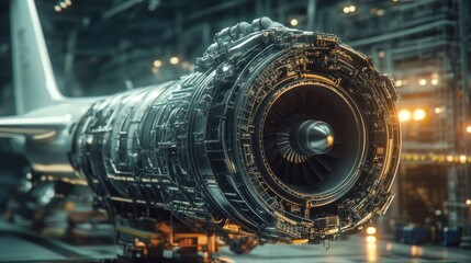 Close-up of a modern aircraft engine in a workshop.