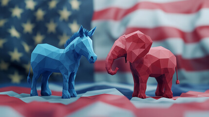 Low-Poly Democratic Donkey and Republican Elephant with American Flag