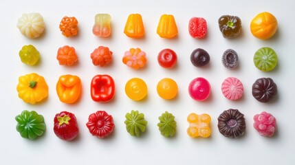 Colorful gummy candies in various fruit shapes and sizes.