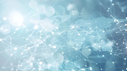 A digital representation of a global network with interconnected lines and nodes over a world map.