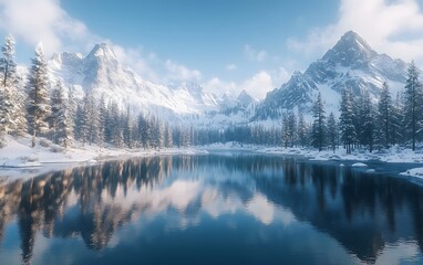 Serene winter landscape with mountains and a reflective lake surrounded by evergreen trees.