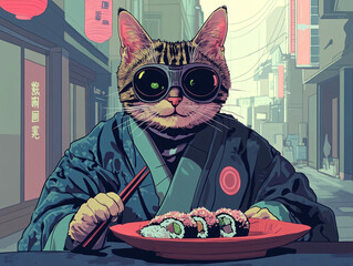 ats in Traditional Japanese Kimonos Eating Sushi in a Retro-Inspired Japanese Setting, Blending Cultural Elements with Whimsical Charm