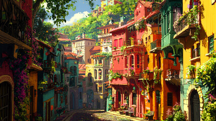 Naklejka premium Colorful Italian town with cobblestone streets and lush greenery.
