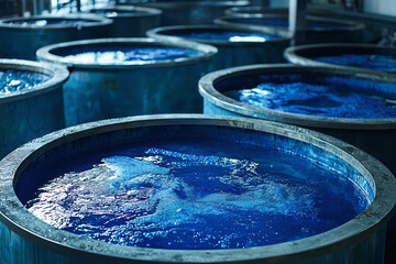 Fototapeta premium Industrial steel vats filled with vibrant indigo dye liquid.