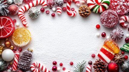 Festive Holiday Candy and Treats Border with Winter Decorations