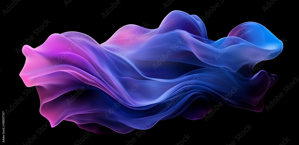 Poster a vibrant blue and pink abstract shape floats against a black background. this image is a digital re