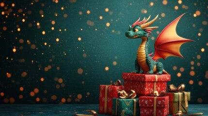 A cute green dragon with red wings sits on top of a pile of wrapped Christmas presents with a bokeh background.
