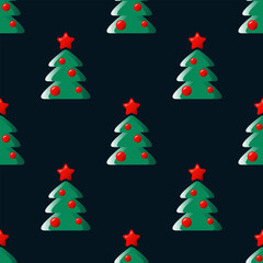 Christmas trees with baubles seamless pattern on a dark background. Cute colorful background with 3d cartoon effect for Christmas and New Year. Fir trees and red stars pattern for wrapping paper etc