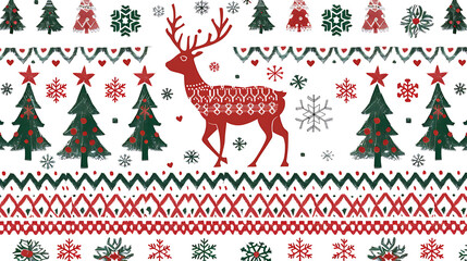 christmas sweater design, cozy red, green, and white knit christmas sweater pattern with a deer silhouette, snowflakes, trees, and nordic elements on a white backdrop perfect for holiday projects