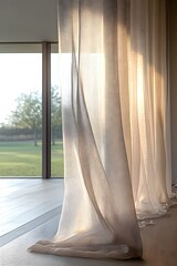 Soft curtains gently sway in natural light, framing a serene outdoor landscape.