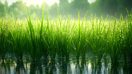Fototapeta premium Lush green rice paddy field with dew drops on the blades under a hazy morning sky.