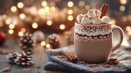 Fototapeta premium Cozy Hot Chocolate with Marshmallows and Cinnamon Sticks for Winter Moments
