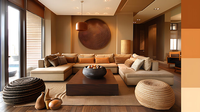 fall color palette, design the living room with a color scheme of russet, wheat, and sandstone for a cozy and elegant feel