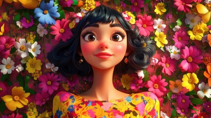 Joyful woman in a vibrant dress surrounded by spring flowers celebrating fashion and beauty in a studio setting