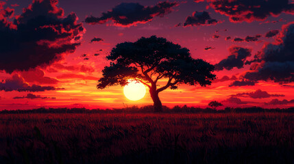 Silhouette of a tree in a field at sunset with a dramatic red sky.