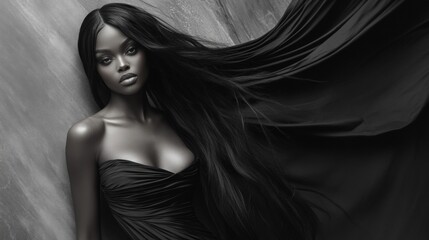 Naklejka premium Elegant woman in flowing black dress with long hair against textured backdrop, AI