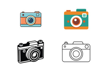 set of old cameras on white background 