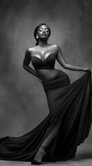 Naklejka premium Elegant woman in a flowing black gown poses confidently in a dramatic setting, AI