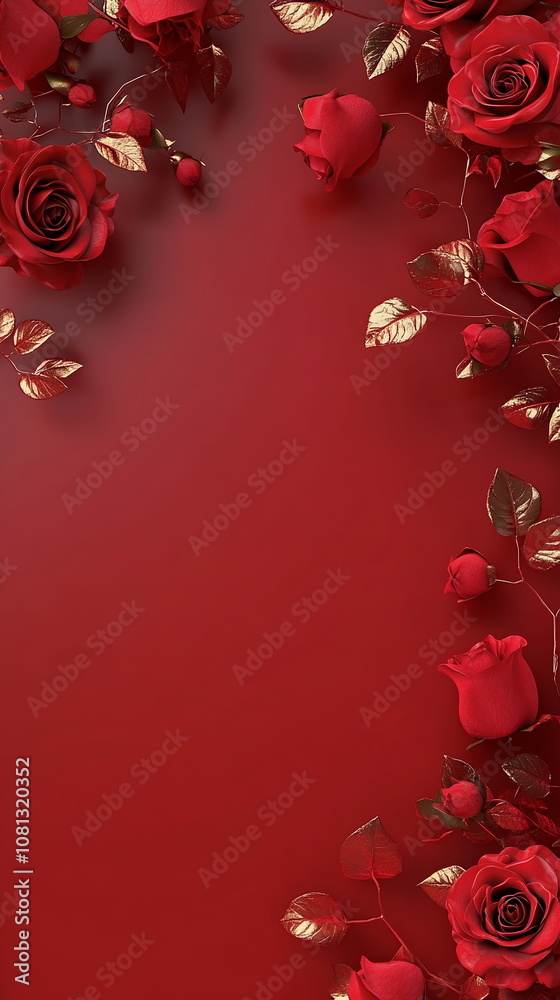 Fototapete deep red valentine's day scene with faint outlines of roses and kisses around the border, leaving a 