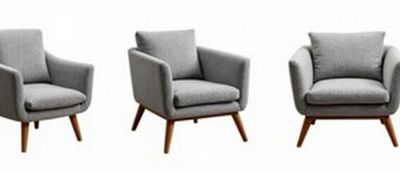 modern gray armchairs with wooden legs, isolated on transparent cutout background Collection of soft fabric armchairs with pillows