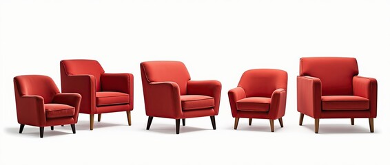 modern red armchairs with wooden legs, isolated on transparent cutout background Collection of soft fabric armchairs with pillows