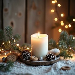 christmas still life with candle and decorations