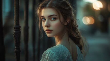 Charming character glancing back over her shoulder