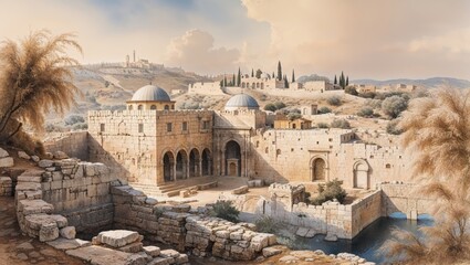 Fototapeta premium Ancient Jerusalem Historical Site with City Walls and Domes