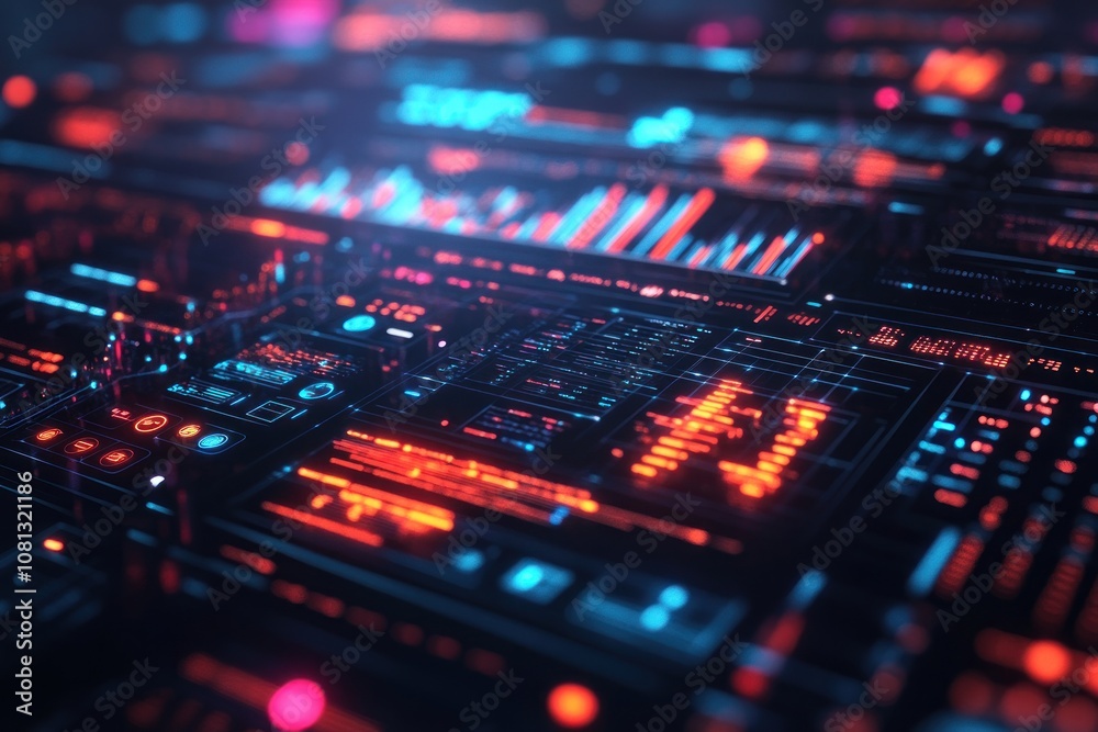 Wall mural abstract digital interface with glowing lines and data.