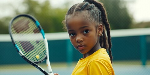 A young girl confidently holds a tennis racket, ready for action. She wears a bright yellow shirt and has beautifully styled hair. This captures the spirit of youth in sports. AI