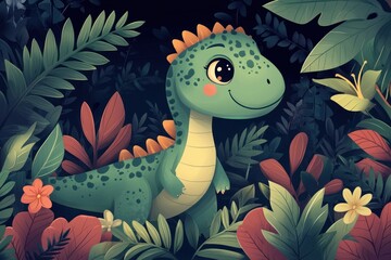 A cute cartoon dinosaur with big eyes stands among lush green leaves, with a red and white flower behind it.