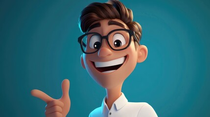 Cheerful young man with glasses smiling broadly pointing to the side with enthusiasm perfect for educational or promotional content