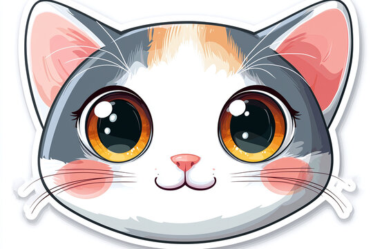 Naklejki Flat cutout vector sticker of kawaii style smiling cat face with big eyes, isolated on white background.