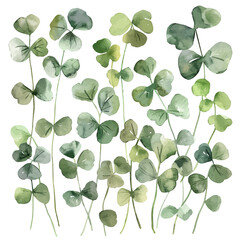 A watercolor illustration of a set of clover leaves, isolated on a white background. Clover leaves vector.