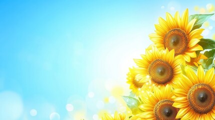 Obraz premium Bright sunflowers on blue sky background. Perfect for summer designs and projects, adding a touch of warmth and cheer.