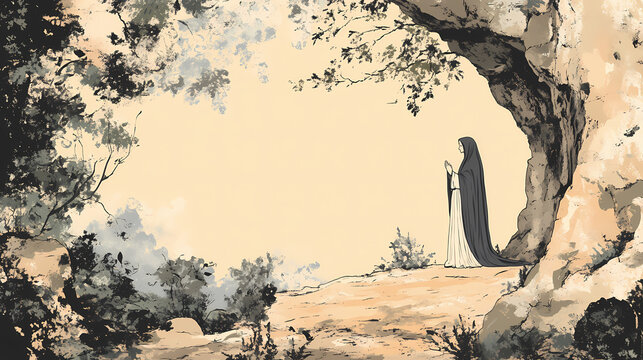 Saint bernadette of lourdes at grotto, witnessing apparition of virgin mary, biblical illustration, beige background, copyspace. Phantasm. Illustration