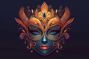 Gardinen Flat vector illustration of ornate venetian carnival mask with gold filigree and jewels. © Infinity Lens