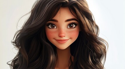 Fototapeta premium Beauty fashion portrait of a smiling young woman with long dark brown hair against a clean white background elegant style portrait photography