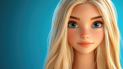 Naklejka premium Beauty portrait of a cute blonde woman with long straight hair against a blue background showcasing flawless skin and captivating features