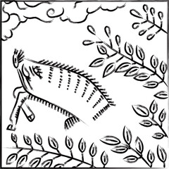 筆書き正方形花札　文月　萩　猪　7月　萩に猪