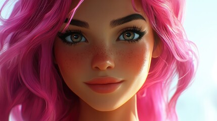 Naklejka premium Close up of a stunning woman with vibrant pink hair against a white background bold and captivating portrait