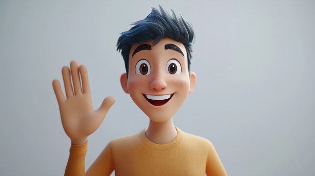 Cheerful young man smiling and waving hello capturing a friendly greeting gesture against a plain white backdrop