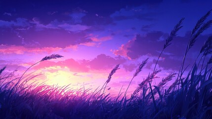 A serene sunset casts vibrant hues over a tranquil field of tall grass, AI