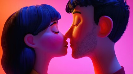 Close up profile of a couple with eyes closed sharing a tender moment during a first kiss on a blind date intimate setting love and connection