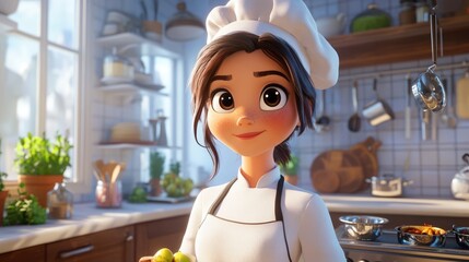 Female Caucasian chef wearing a white apron and toque preparing a delicious meal in a modern kitchen
