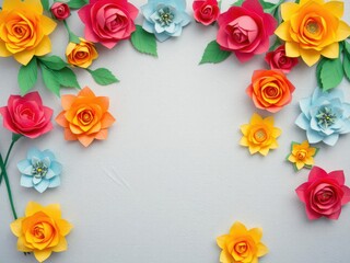 Backdrop of colorful paper roses in shades of pink, red, orange, and yellow, crafts, floral